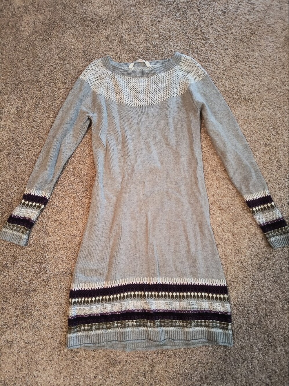 Athleta Gray Knit Scoop-Neck 🩶 Sweater Dress with Patterned Trim